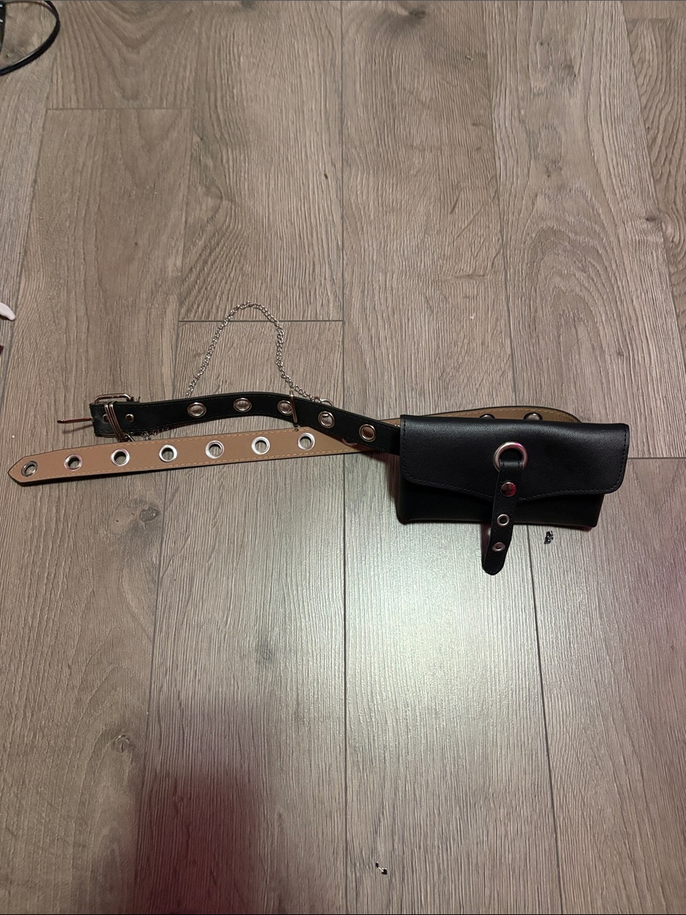 Black Leather Belt Bag with Grommet Strap